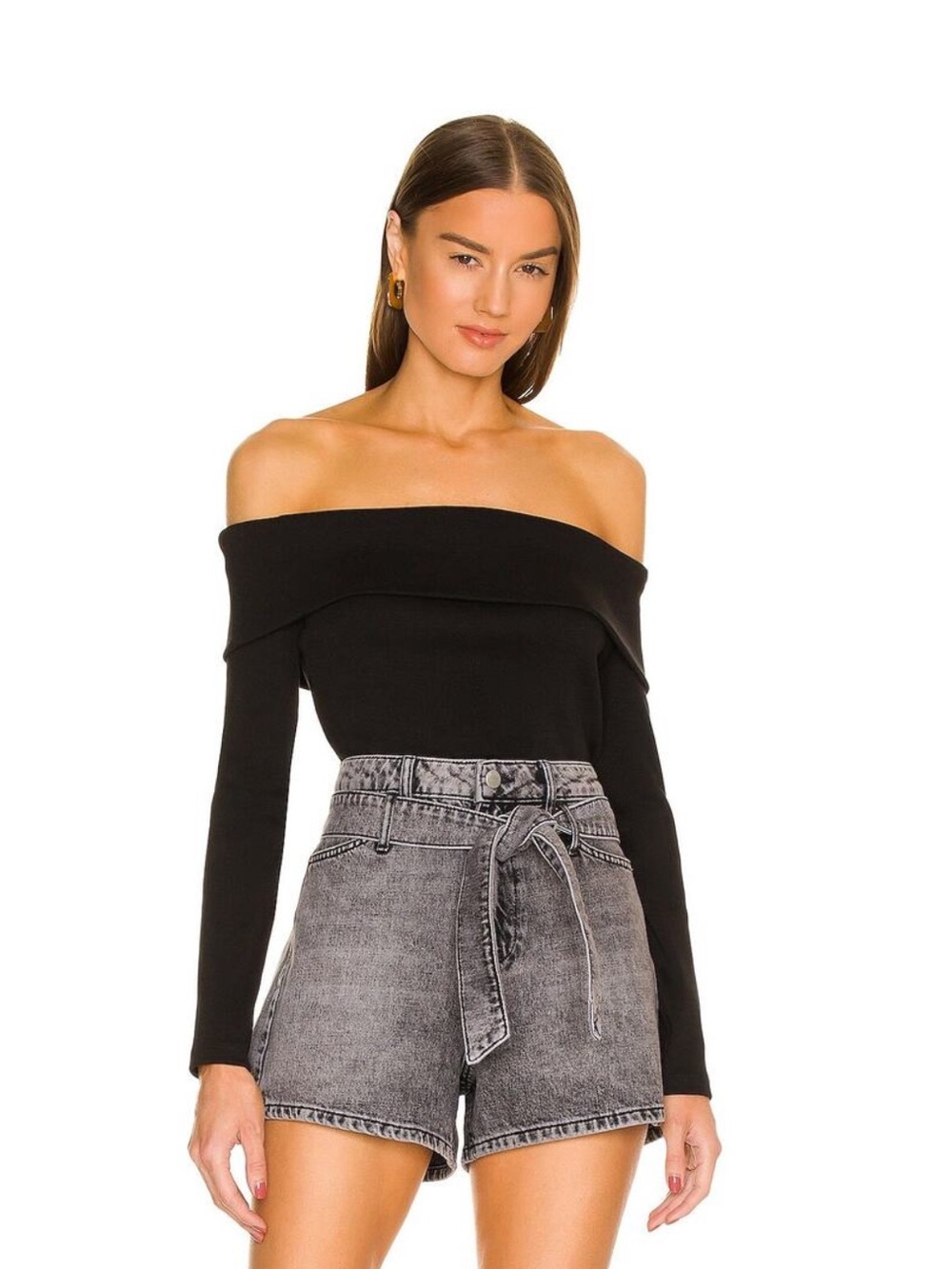 Veronica Beard Fawsett Black Ribbed Off the Shoulder Long Sleeve Top Size XS